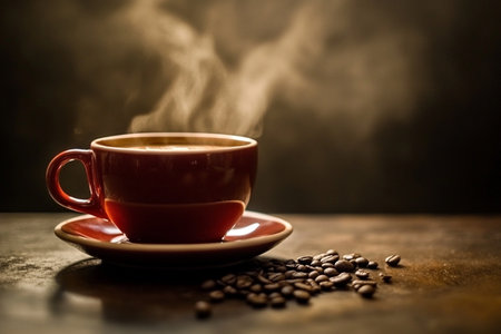 Coffee cup and coffee beans on a wooden table with smokeの素材