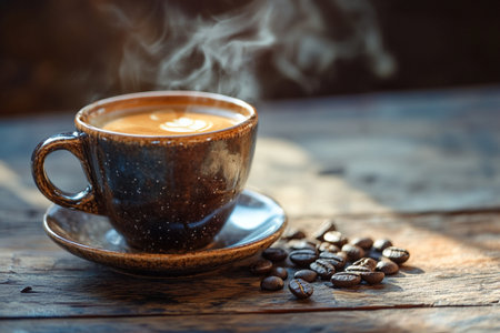 Coffee cup and coffee beans on old wooden table, stock photoの素材