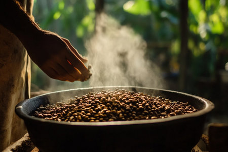 Roasted coffee beans in a pot, process of roasting coffeeの素材