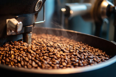Coffee grinder with roasted coffee beans, close-upの素材