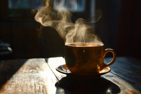 Coffee cup with steam on wooden table and window background.の素材