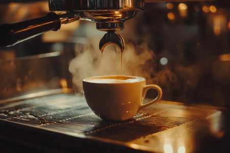 Barista making cappuccino or latte in coffee shopの素材