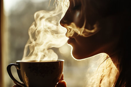 Silhouette of a young woman holding a cup of coffee.の素材
