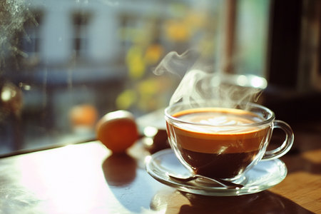 Coffee cup on wooden table in coffee shop, stock photoの素材
