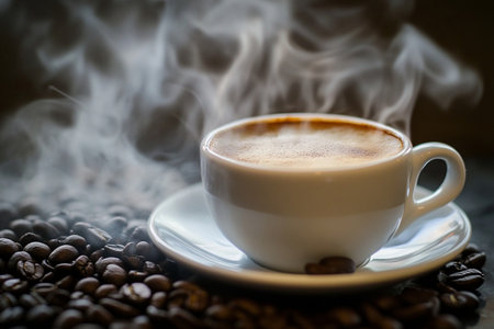 Coffee cup and coffee beans on dark background with smoke.の素材