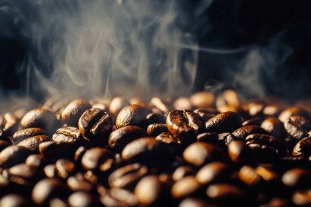 roasted coffee beans with smoke on dark background, close up.の素材