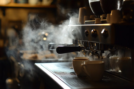 barista making coffee in a coffee shop, close-up of coffee machineの素材