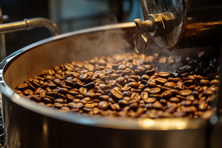 Coffee beans being roasted in a coffee roaster machine.の素材