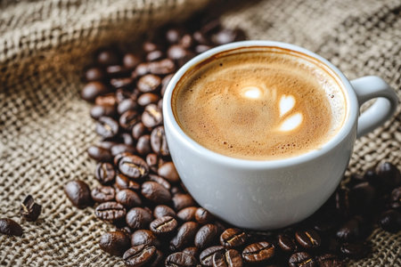 Coffee cup and coffee beans on sackcloth background. Vintage tone.の素材