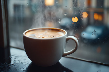Coffee cup with steam on the rainy window, stock photoの素材
