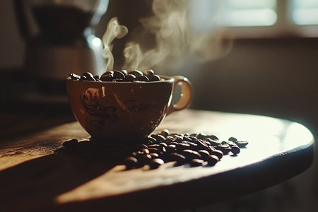 Coffee beans in a cup on a wooden table with steam.の素材