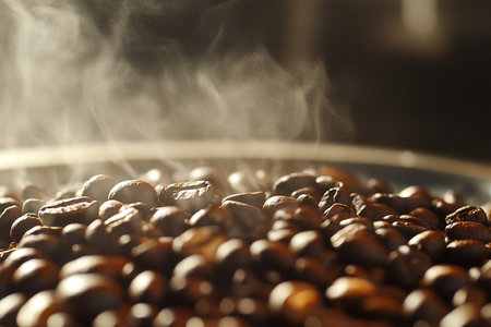Coffee beans in a roasting pan with steam and smokeの素材
