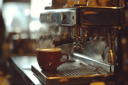 Coffee machine making a cappuccino in a coffee shopの素材