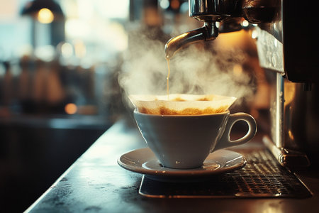 Coffee in a white cup with steam on the bar counterの素材