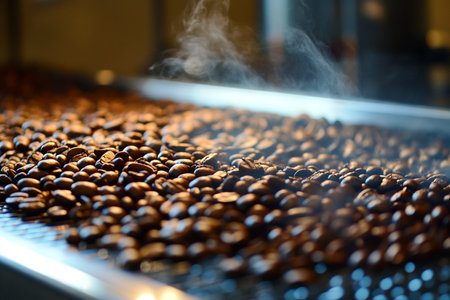 Roasted coffee beans on a conveyor belt in a coffee factoryの素材
