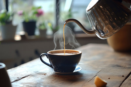 Coffee cup on wooden table in coffee shop, stock photoの素材