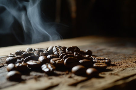 Coffee beans on a wooden table with smoke in the backgroundの素材