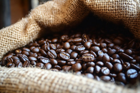 Coffee beans in a burlap sack on a wooden backgroundの素材