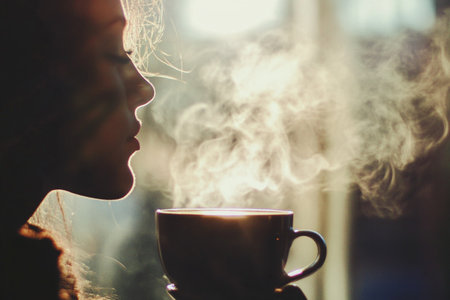 Silhouette of a woman holding a cup of hot coffee.の素材