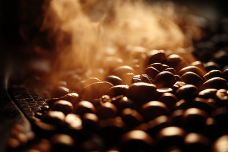 Coffee beans in a roasting machine. Selective focus.の素材