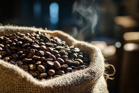 Coffee beans in burlap bag with smoke on dark backgroundの素材