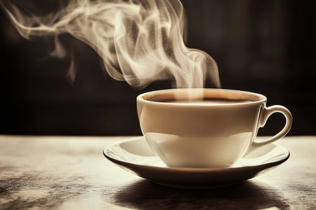 Cup of coffee on a wooden table with smoke on dark backgroundの素材
