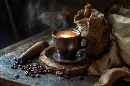 Coffee cup and coffee beans on rustic wooden background.の素材