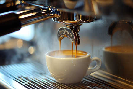 coffee machine making a cappuccino in a white cupの素材