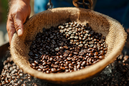coffee beans in a basket in the hands of a farmer.の素材