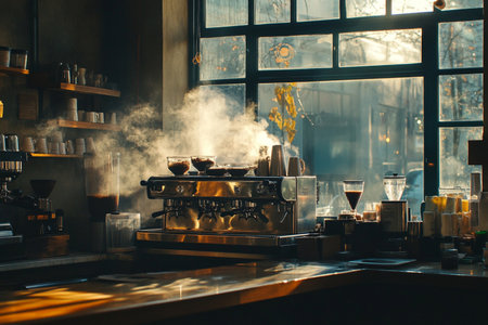 barista making coffee in a coffee shop with smoke coming out of the coffee machineの素材