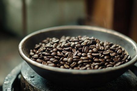 Roasted coffee beans in a bowl on a wooden background. Selective focus.の素材