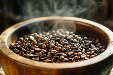 Coffee beans in wooden bowl with smoke on dark background.の素材