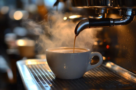 Coffee machine making cappuccino in a white cupの素材