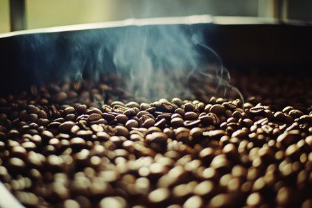 Coffee beans in a roasting machine. Selective focus.の素材