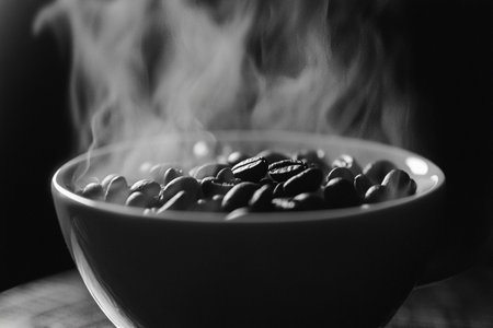 Coffee beans in a bowl with smoke, black and whiteの素材