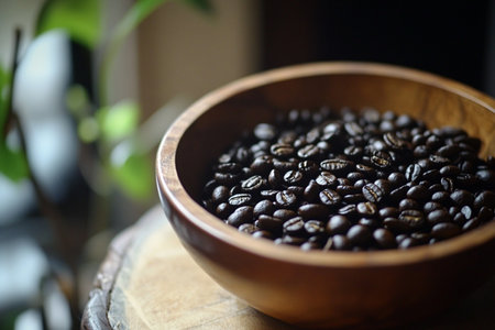 Coffee beans in a wooden bowl on a background of green leavesの素材