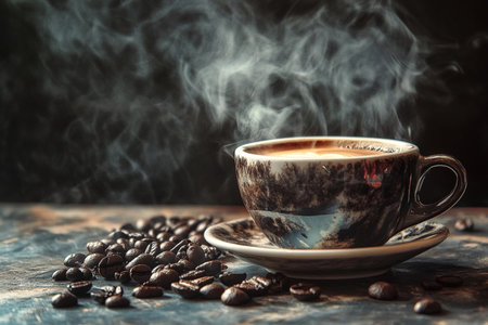 Coffee cup and coffee beans on the old wooden table.の素材