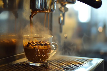 coffee machine making coffee in cafe, shallow depth of field.の素材