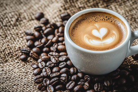 Coffee cup and coffee beans on sackcloth background - vintage effect style picturesの素材