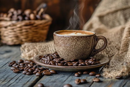 Coffee cup and saucer with coffee beans on a wooden backgroundの素材