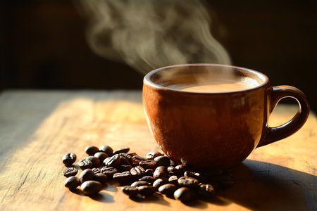 Coffee cup and coffee beans on wooden table, close upの素材