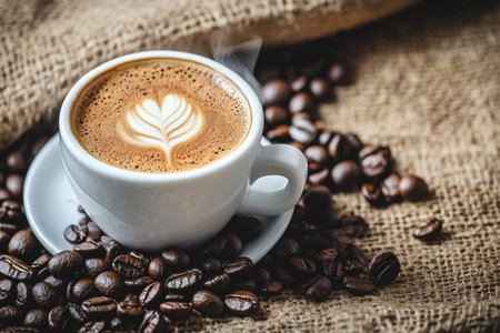Coffee cup and coffee beans on sackcloth background, stock photoの素材