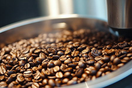 Coffee beans in a coffee grinder, close-upの素材