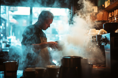 Portrait of a male barista preparing coffee in a cafe.の素材