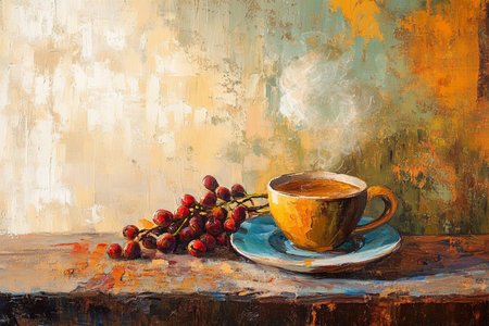 Cup of coffee with berries on old wooden table. Still lifeの素材
