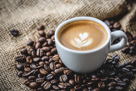 Coffee cup with latte art on sackcloth background.の素材
