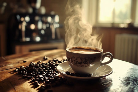 Coffee cup and coffee beans on wooden table in coffee shopの素材