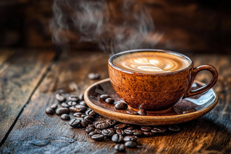 Coffee cup and coffee beans on a dark wooden background.の素材