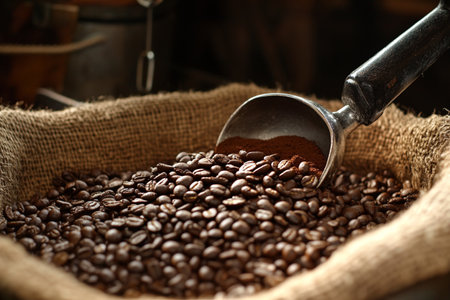 Coffee beans in a burlap bag on a wooden backgroundの素材