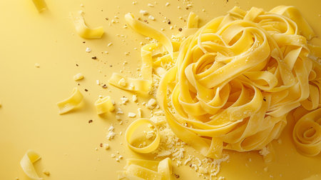 close up of a raw tagliatelle on a yellow backgroundの素材